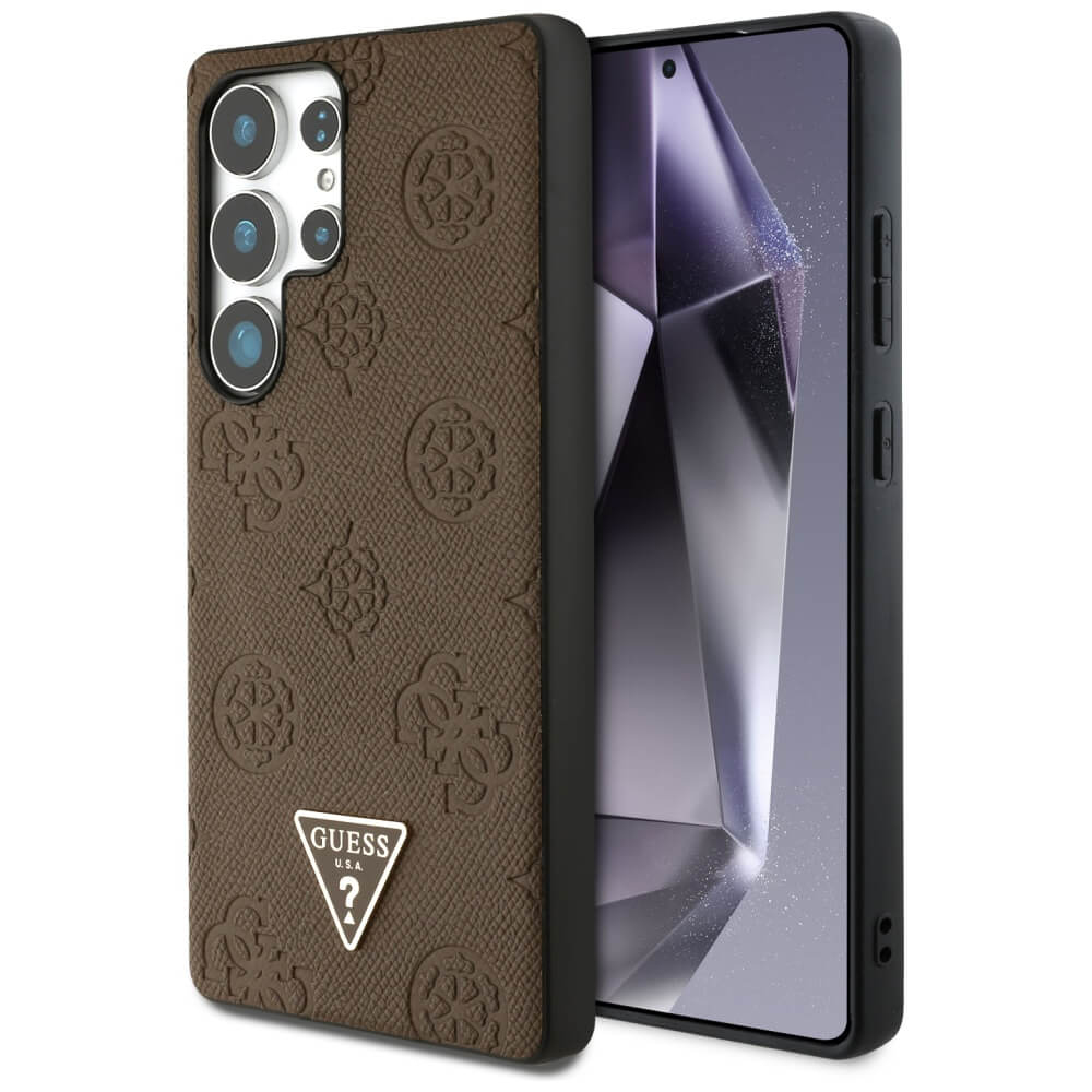 Guess Samsung Galaxy S25 Ultra - Grained Hot Stamp Peony Pattern Triangle Logo - MagSafe Σκληρή Θήκη με Πλαίσιο Σιλικόνης και Συνθετικό Δέρμα - Brown - GUHMS25LPGBTMW