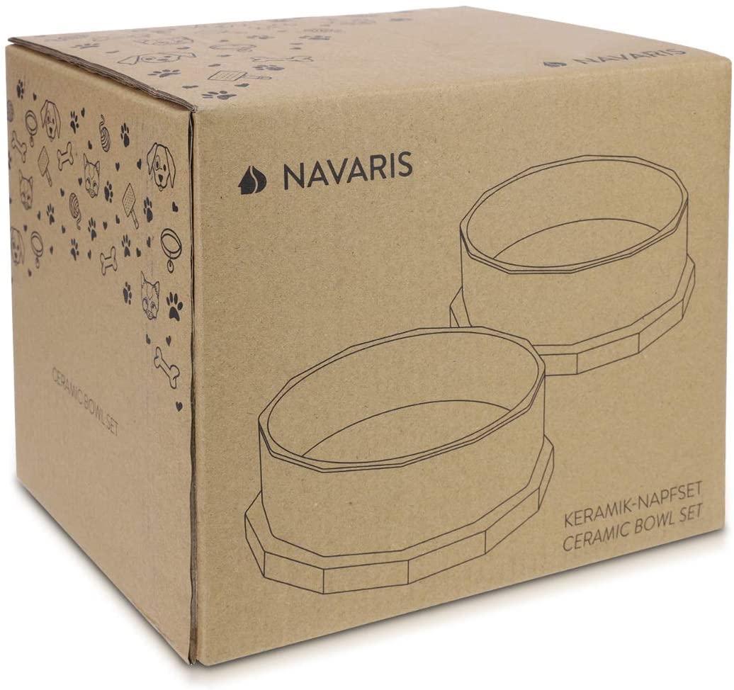 Navaris Ceramic Dog Bowls with Wood Underlay - Σετ με 2 Μπολ Φαγητού και Νερού με Βάση από Ξύλο Βελανιδιάς και Κεραμικό για Κατοικίδια - Violett - 50946.02