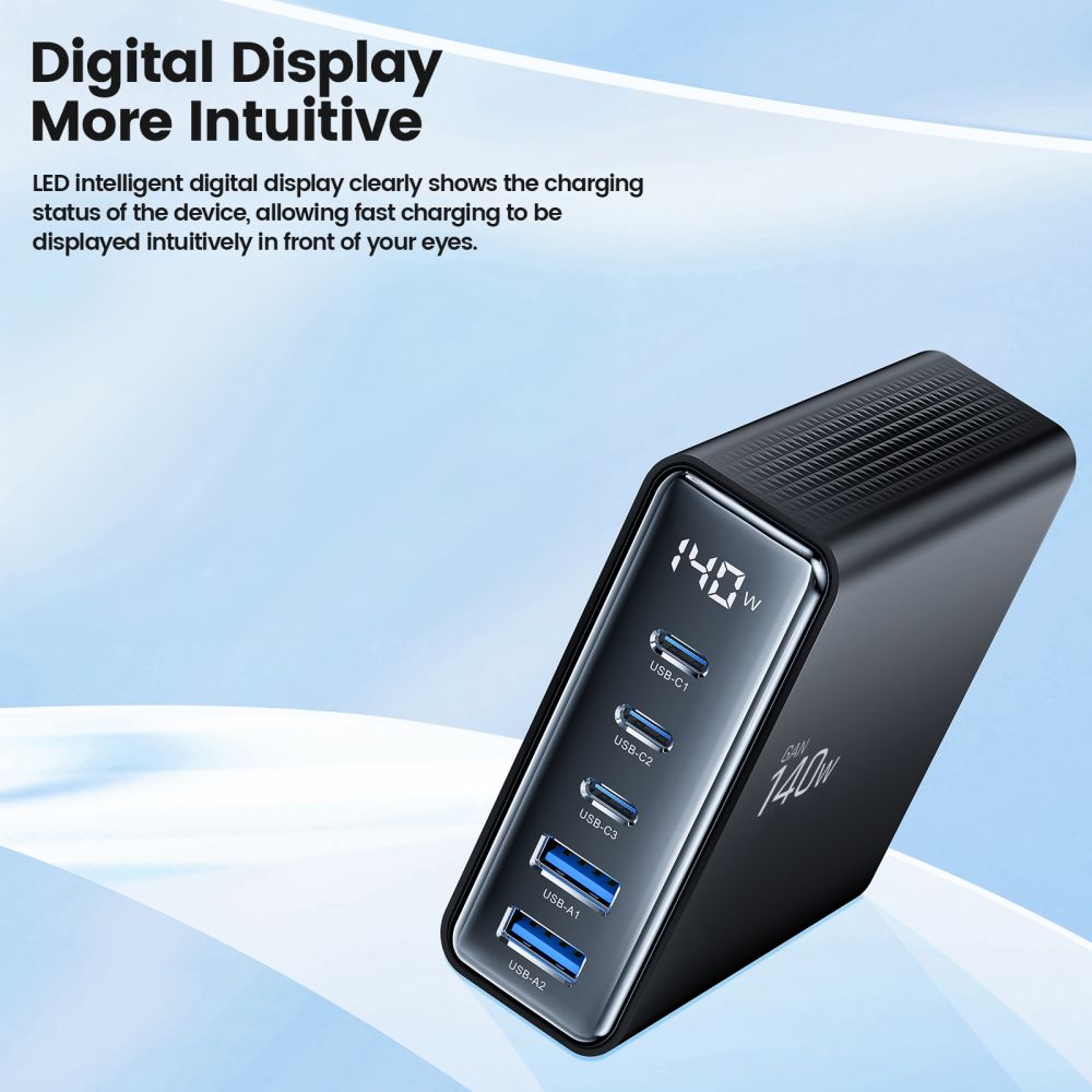 Tech-Protect DC140W-GAN Σταθμός Φόρτισης με 2 Θύρες USB και 3 Θύρες Type-C - PD140W/QC3.0 - Black