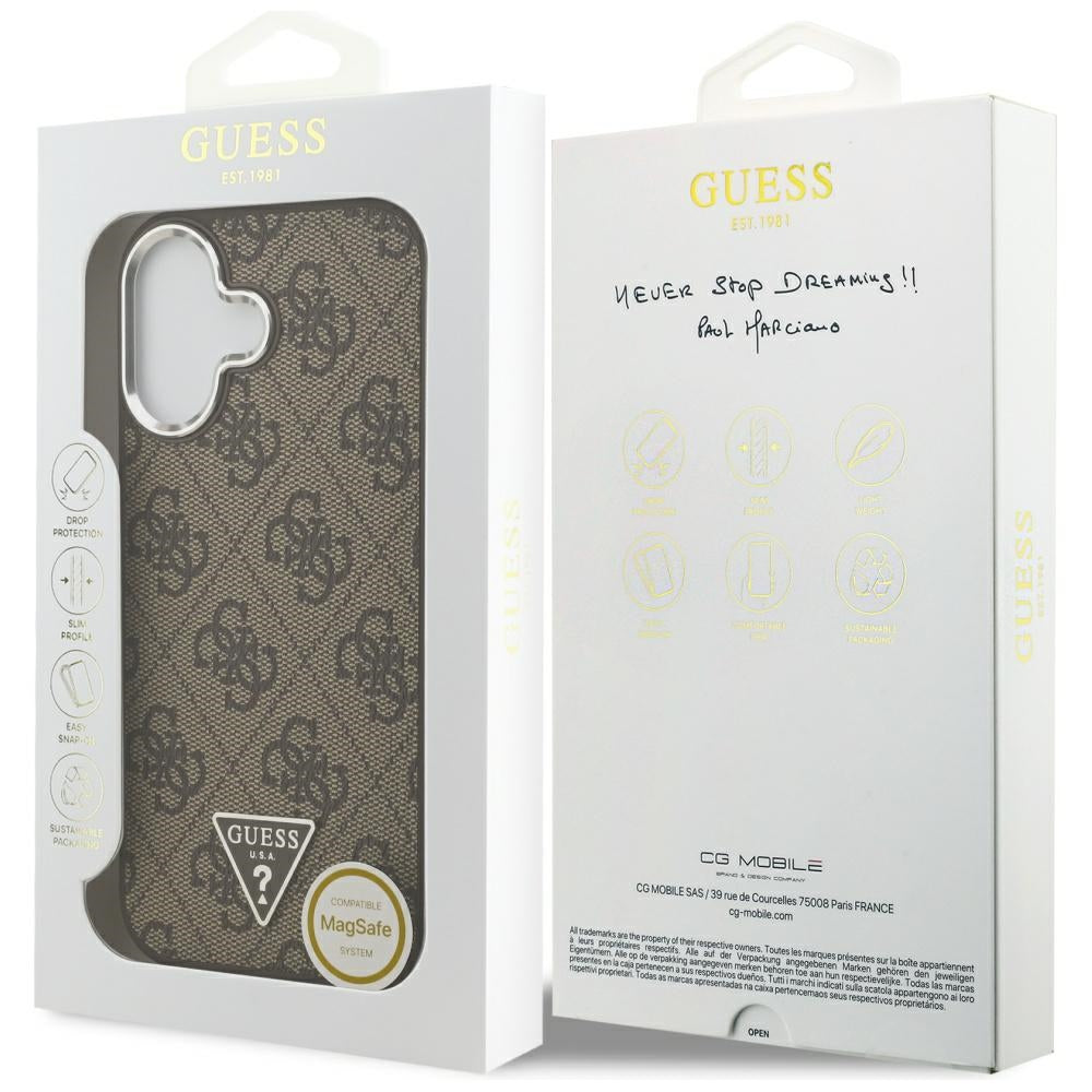Guess iPhone 17 - 4G Triangle Logo MagSafe - Σκληρή Θήκη με Πλαίσιο Σιλικόνης και Επένδυση Συνθετικού Δέρματος - Brown / Silver - GUHMP17SP4TSRCMW