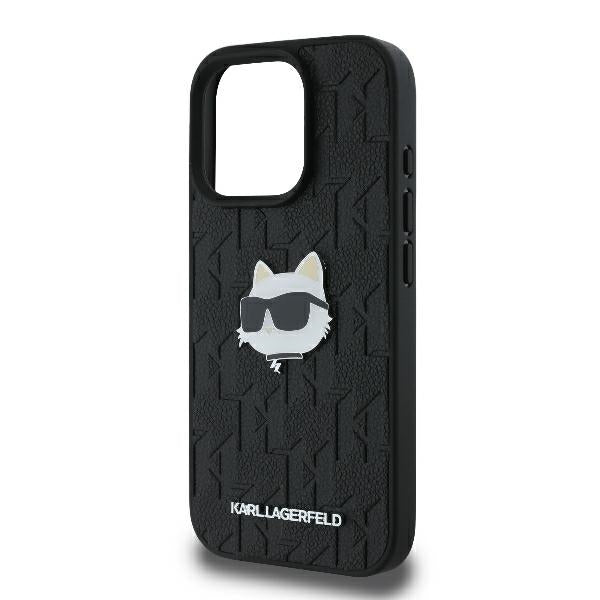 Karl Lagerfeld iPhone 16 Pro - Monogram Choupette Head Pin Σκληρή Θήκη με Επένδυση Συνθετικού Δέρματος - Black - KLHCP16LPGKLCHPK