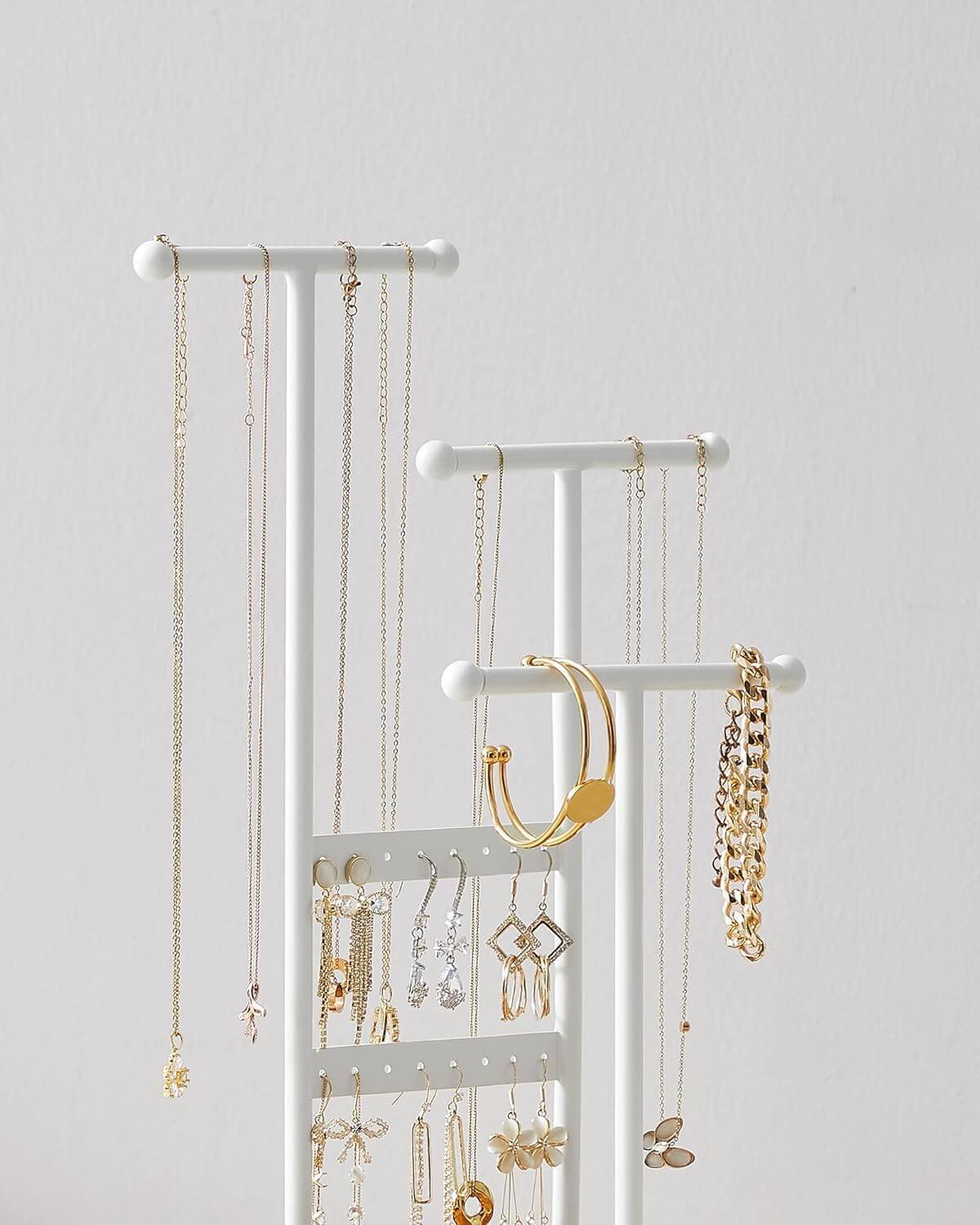 Songmics Μεταλλικό Stand Κοσμημάτων με Ξύλινη Βάση - White / Natural - JJS03NW