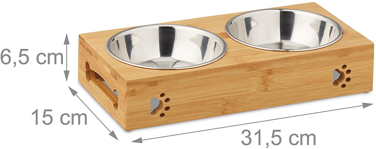 Relaxdays Ξύλινη Βάση από Μπαμπού με 2 Μπολ 300ml από Ανοξείδωτο Ατσάλι - Natural / Silver - 4052025288594