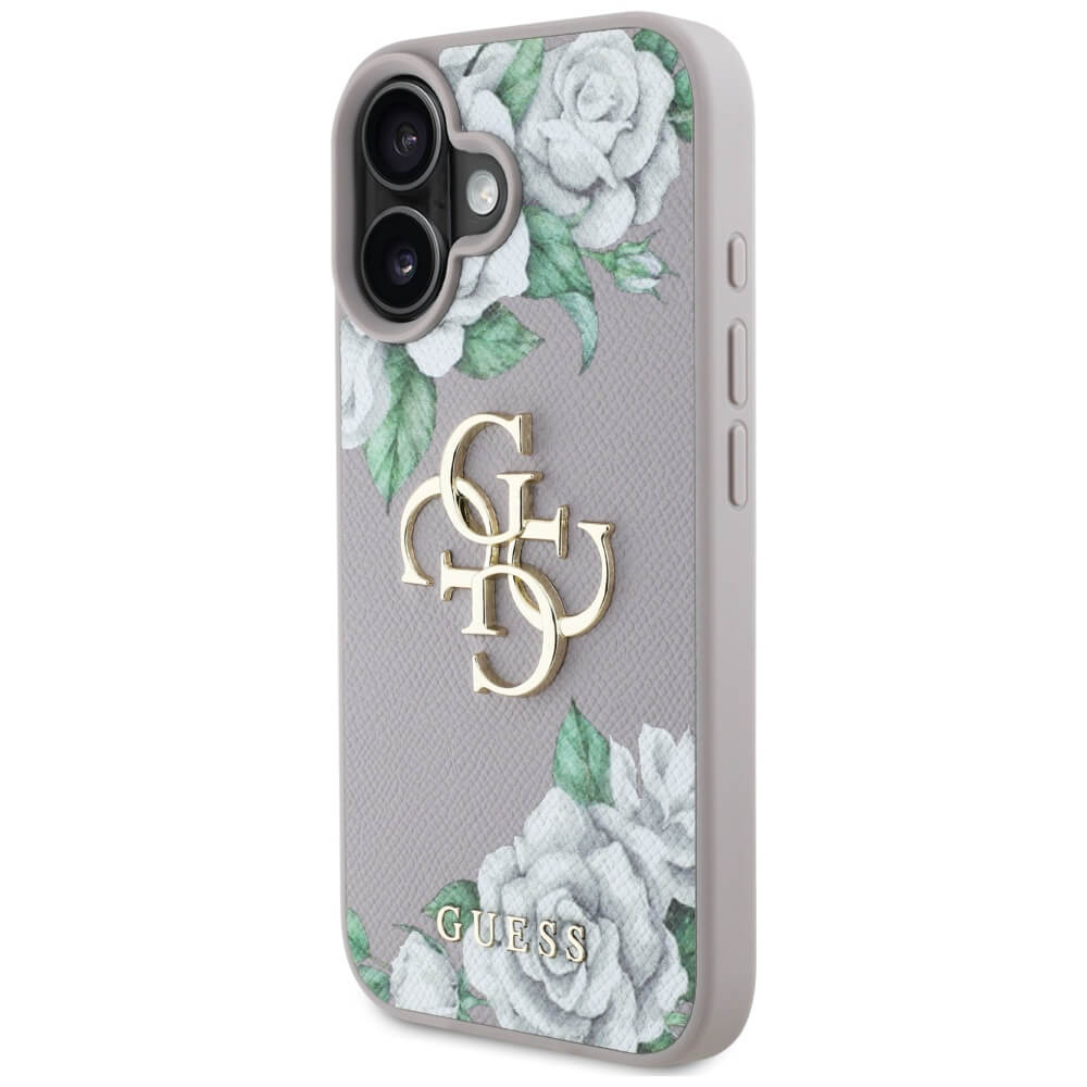 Guess iPhone 16 - Grained Roses Big 4G Logo - Σκληρή Θήκη με Επένδυση από Οικολογικό Δέρμα - Purple - GUHCP16SPGROP4MU