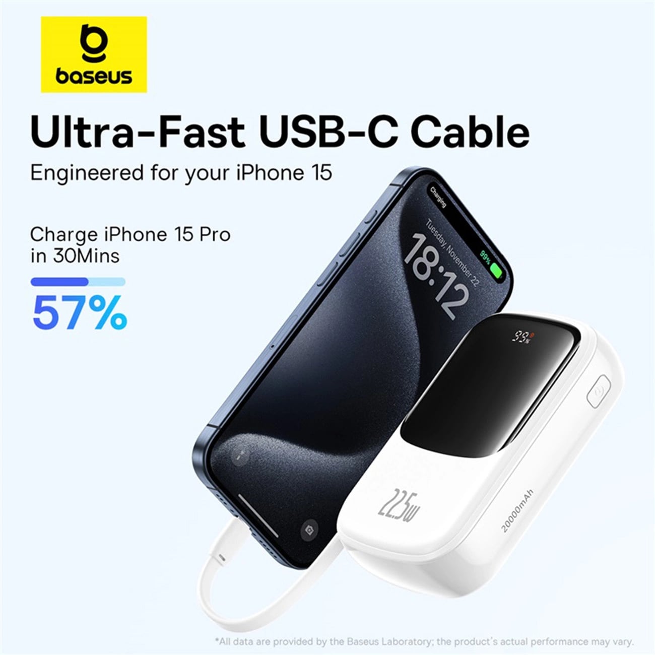 Baseus Qpow Pro+ Power Bank 20000mAh 22.5W με Οθόνη και Ενσωματωμένο Καλώδιο Type-C - White - P10067103213-00