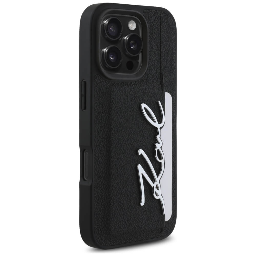 Karl Lagerfeld iPhone 16 Pro - HC Grained PU Cardslot Metal Signature - Σκληρή Θήκη με Επένδυση Συνθετικού Δέρματος και Υποδοχή για Κάρτες - Black - KLHCP16LPGPVKSK