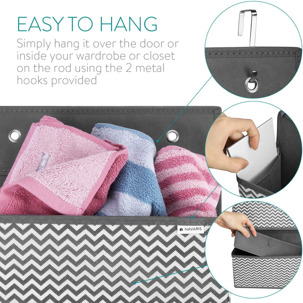 Navaris Organizer Για Πόρτα - Κρεμαστά Καλάθια Αποθήκευσης Υφασμάτινα Για Οργάνωση - Για Παιχνίδια, Παπούτσια, Κλειδιά, Πετσέτες - Grey - 49081.22