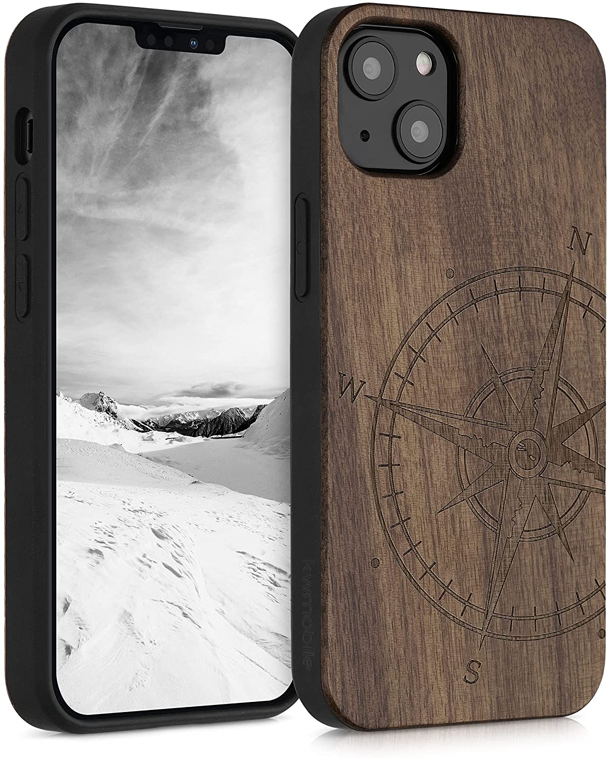KW iPhone 13 Θήκη από Φυσικό Ξύλο Design Navigational Compass - Dark Brown - 55953.01