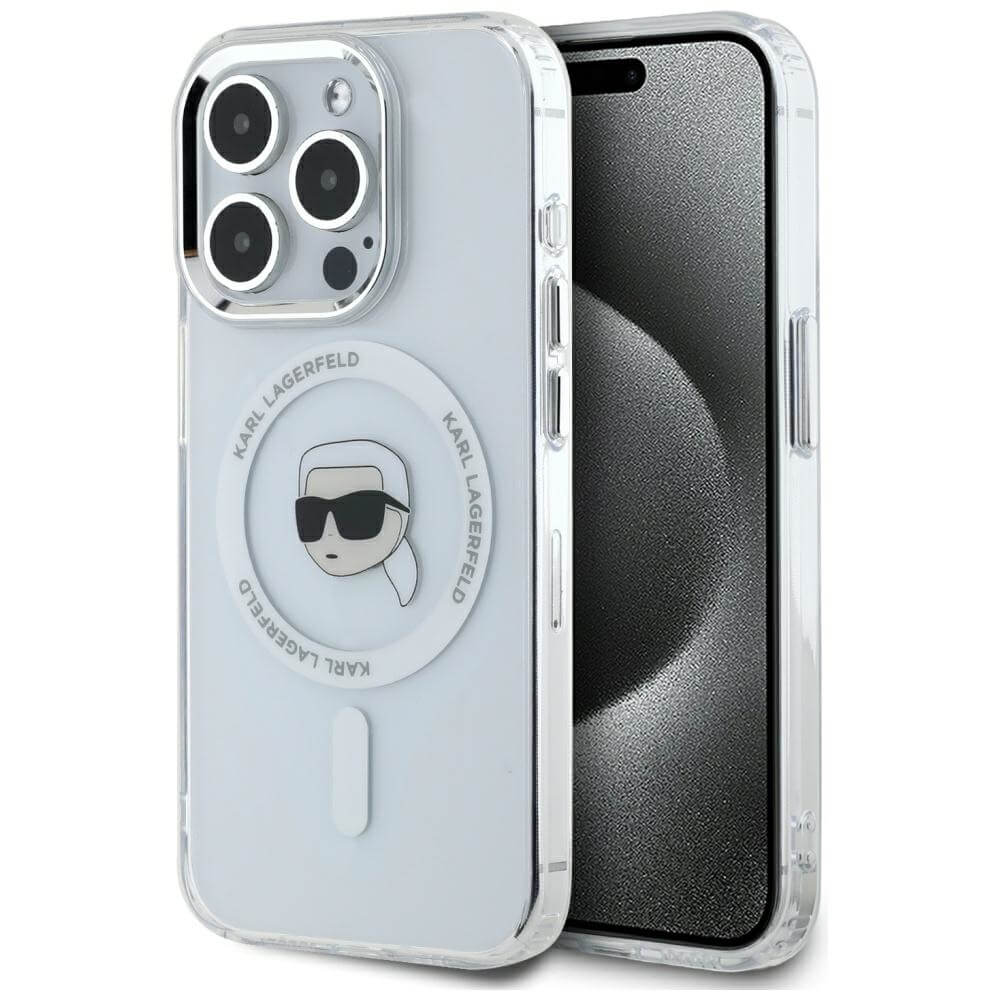 Karl Lagerfeld iPhone 15 Pro Max - IML Metal Karl Head - MagSafe Σκληρή Θήκη με Πλαίσιο Σιλικόνης - White - KLHMP15XHLSKIH