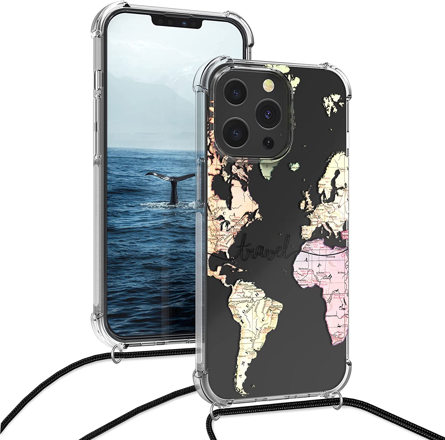 KW iPhone 13 Pro Θήκη Σιλικόνης TPU με Λουράκι Design Travel - Διάφανη / Black / Multicolor - 55965.01