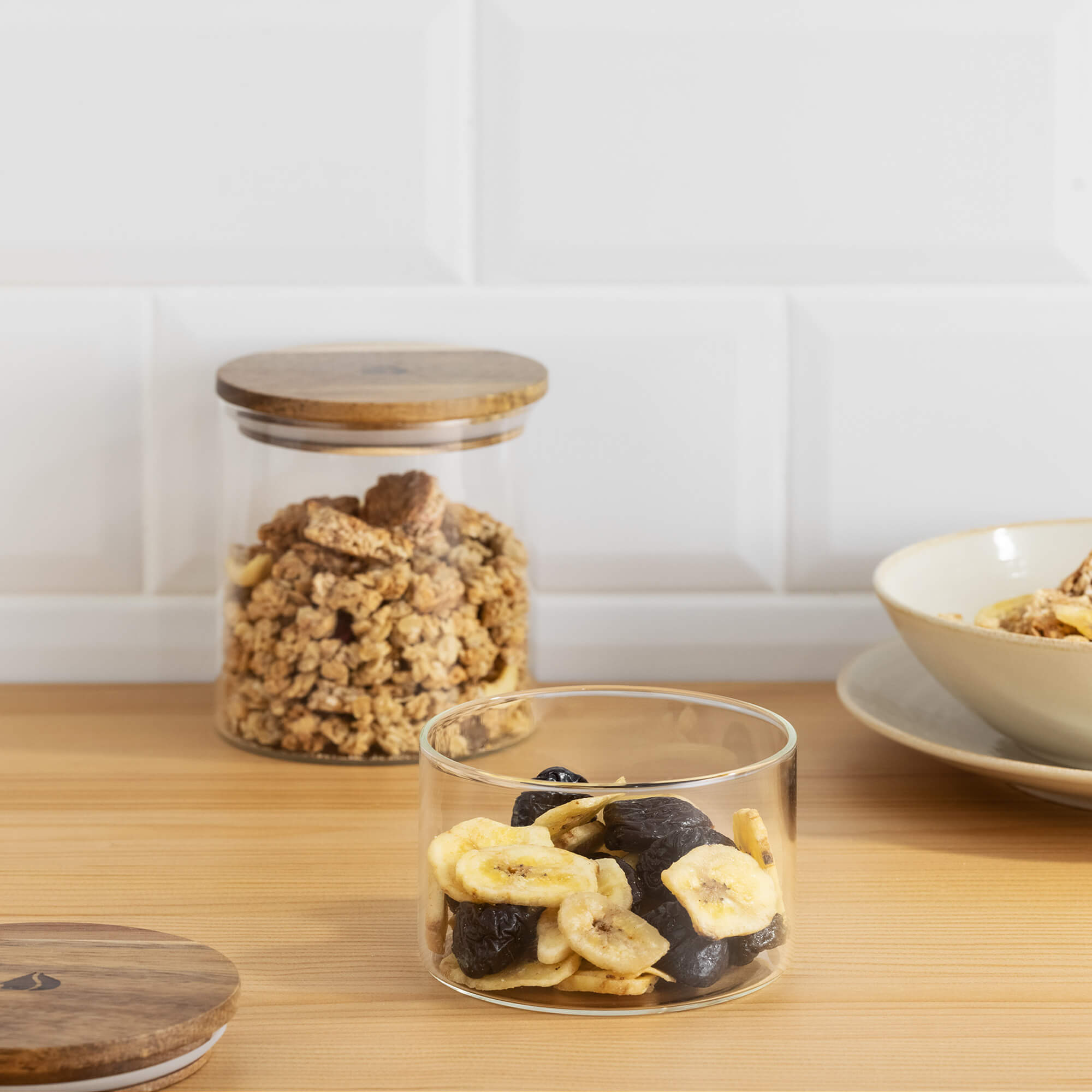 Navaris Σετ με 4 Γυάλινα Βάζα Αποθήκευσης - Round - Acacia Wood - Διάφανα - 54691.02.04