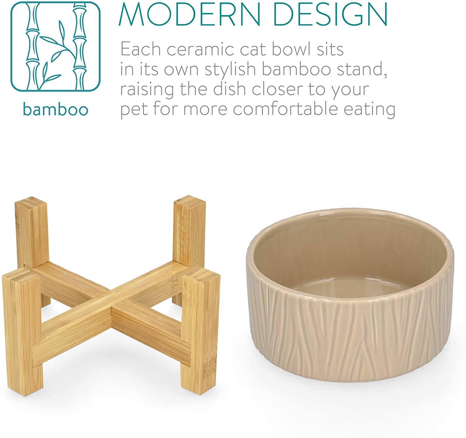 Navaris Cat Bowls with Wood Stands - Σετ με 2 Μπολ Φαγητού και Νερού 937 ml με Βάση από Μπαμπού για Κατοικίδια - Beige - 52177.43.2
