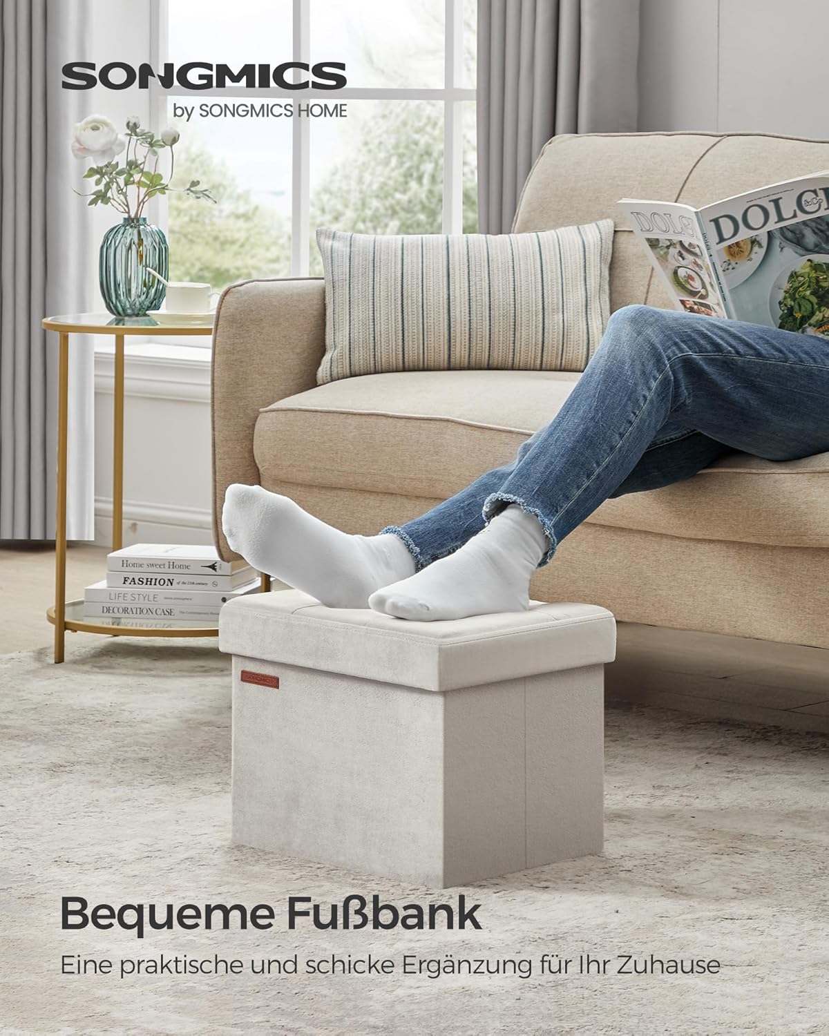 Songmics Σκαμπό με Αποθηκευτικό Χώρο - 31 x 41 cm - Cream White - LSF200W01