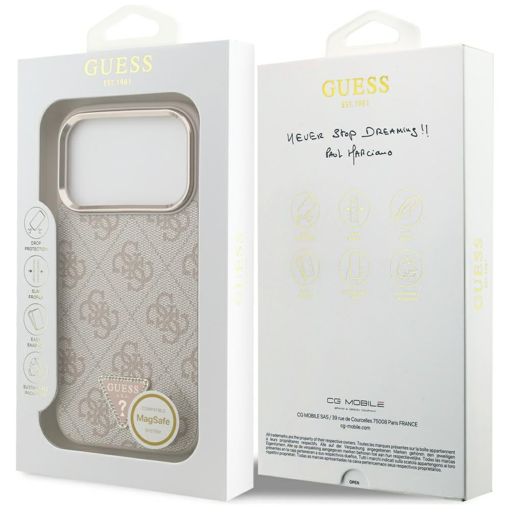 Guess iPhone 17 Pro - 4G Triangle Strass Logo MagSafe - Σκληρή Θήκη με Επένδυση Συνθετικού Δέρματος - Pink / Gold - GUHMP17LP4GTDGMP