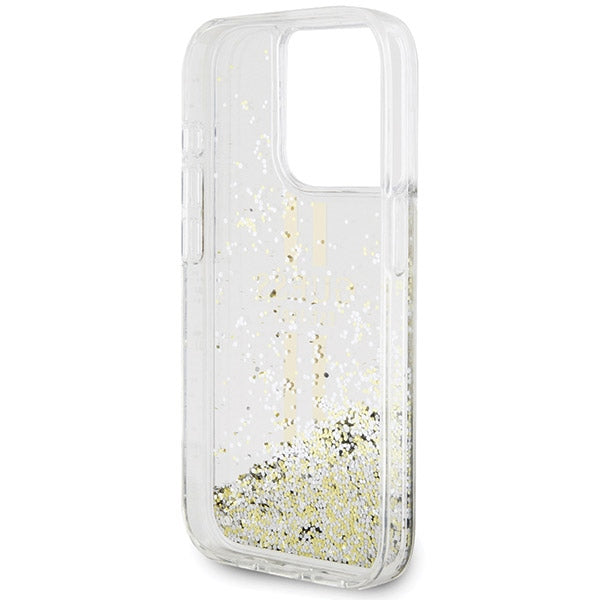 Guess iPhone 15 Pro Liquid Glitter Gold Stripes Σκληρή Θήκη με Πλαίσιο Σιλικόνης - Διάφανη - GUHCP15LLFCSEGT