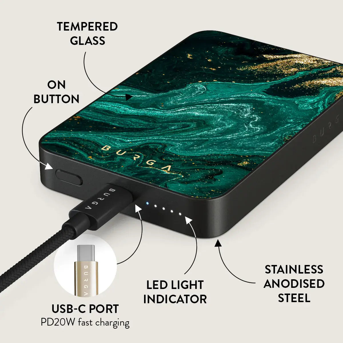 Burga Μαγνητικό Ασύρματο MagSafe PowerBank 5000mAh με Καλώδιο Type-C to Type-C - Gunmetal - Emerald Pool