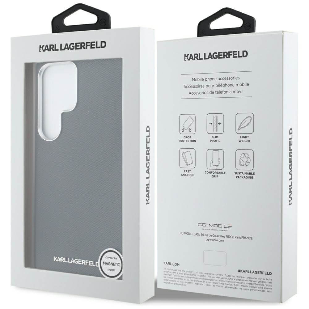 Karl Lagerfeld Samsung Galaxy S25 Ultra - Saffiano Full Wrapped Elongated Metal Logo - MagSafe Σκληρή Θήκη με Επένδυση Συνθετικού Δέρματος και Πλαίσιο Σιλικόνης - Black - KLHMS25LPSAFWMCK