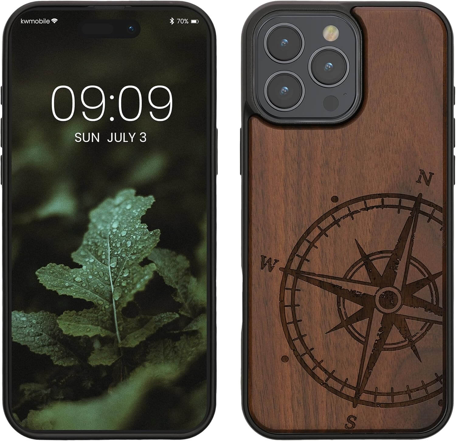 KW iPhone 16 Pro Max Θήκη από Φυσικό Ξύλο Design Navigational Compass - Dark Brown