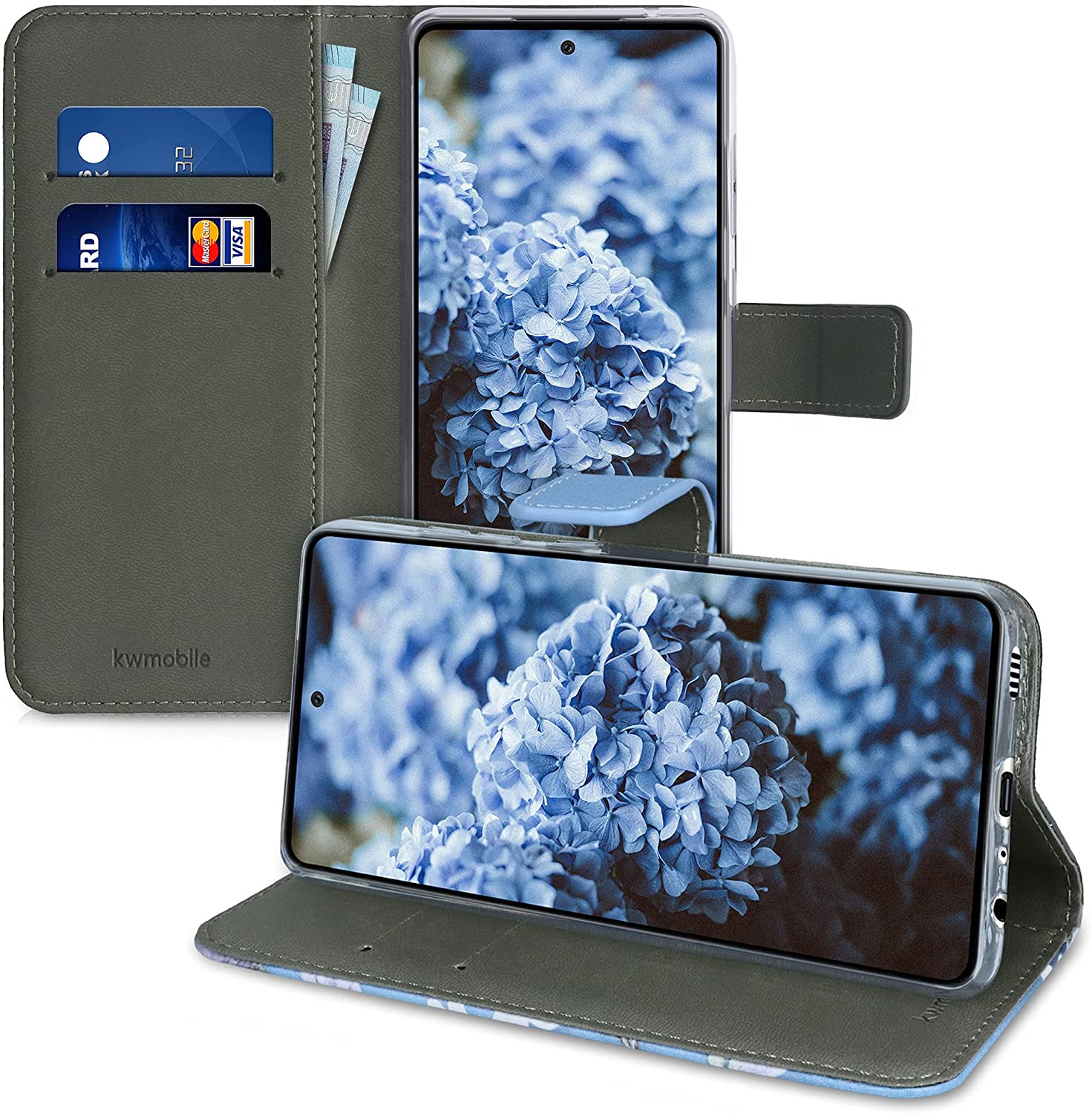 KW Samsung Galaxy A52 / A52 5G / A52s 5G Θήκη Πορτοφόλι Stand - Design Magnolias - White / Blue / Grey - 54349.02