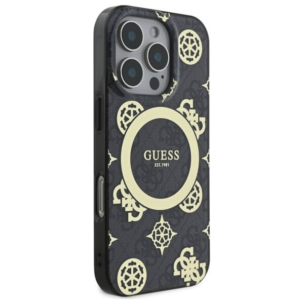 Guess iPhone 16 Pro Max - IML Peony On 4G Background MagSafe - Θήκη με Επένδυση Συνθετικού Δέρματος - Black - GUHMP16XH4PYEEK
