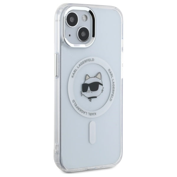 Karl Lagerfeld iPhone 15 - IML Metal Choupette Head - MagSafe Σκληρή Θήκη με Πλαίσιο Σιλικόνης - White - KLHMP15SHLSCHH