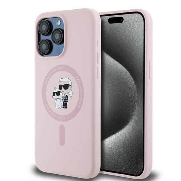 Karl Lagerfeld iPhone 15 Pro - Silicone Karl and Choupette - Θήκη Σιλικόνης με MagSafe - Pink - KLHMP15LSCMKCRHP