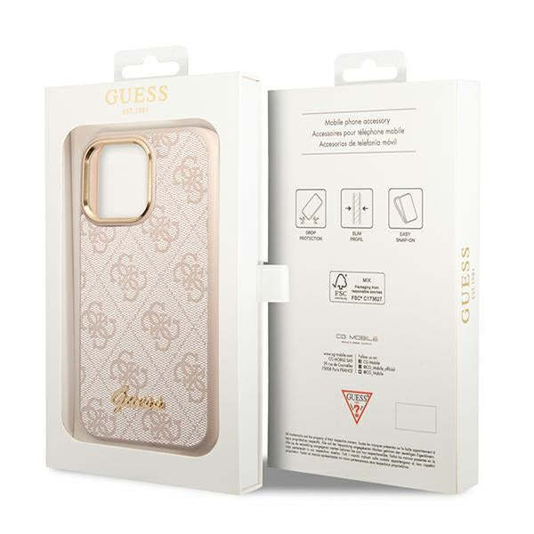 Guess iPhone 14 Pro Max 4G Vintage Gold Logo Σκληρή Θήκη με Πλαίσιο Σιλικόνης - Pink - GUHCP14XHG4SHP