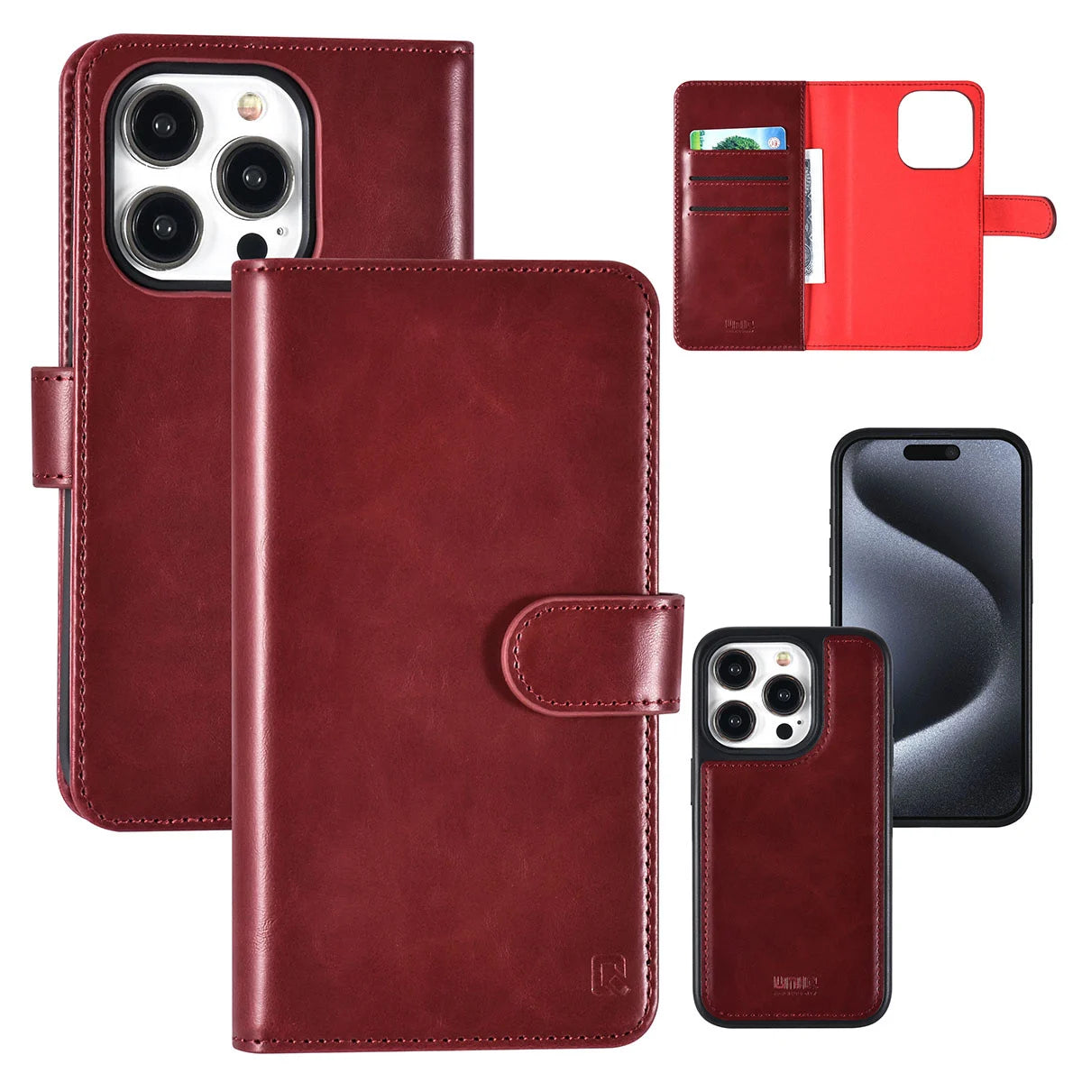 Tuniq iPhone 15 Pro - 2 σε 1 - Θήκη Πορτοφόλι από Δερματίνη με Αποσπώμενη Θήκη - Κόκκινη