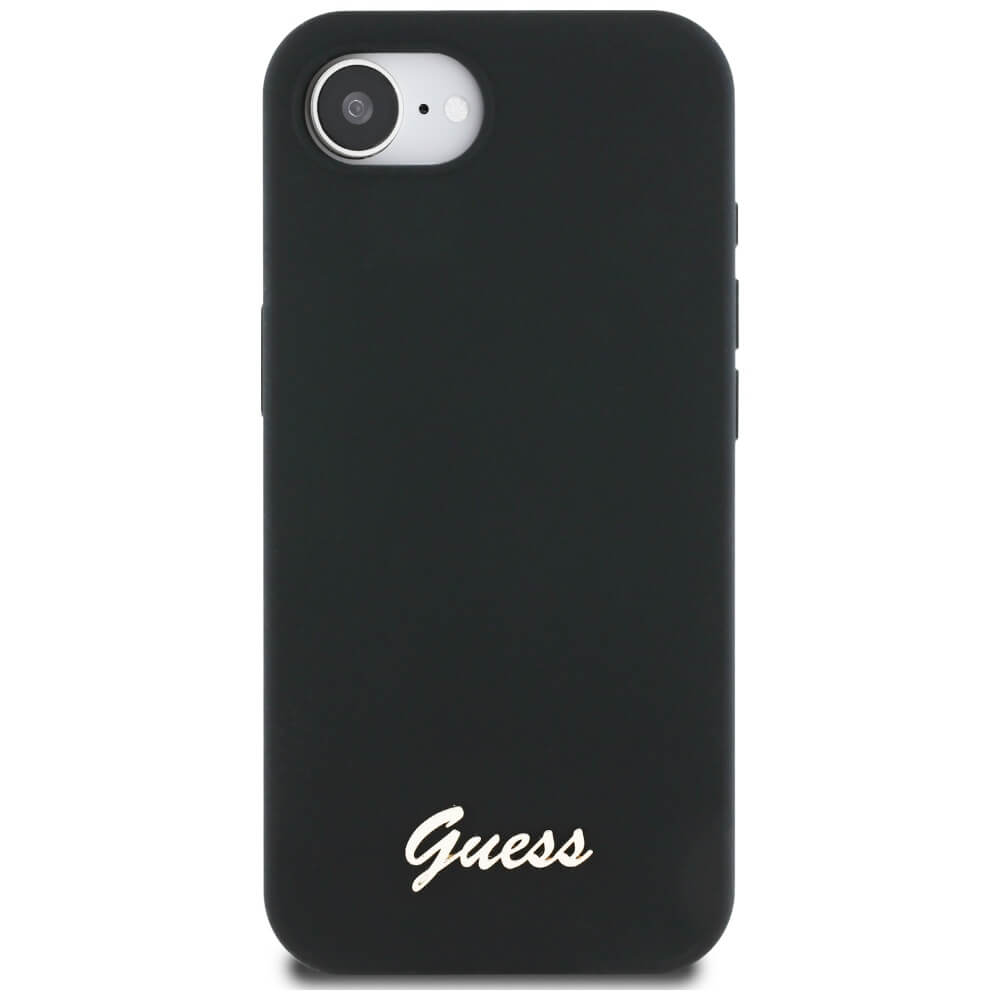 Guess iPhone 16e - Silicone Script Metal Logo - MagSafe Σκληρή Θήκη με Πλαίσιο Σιλικόνης - Black - GUHMPSE4SMBSLK