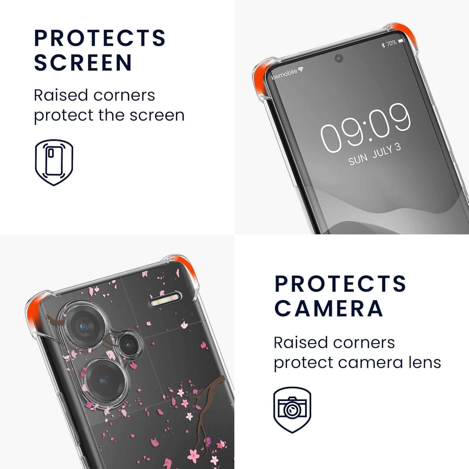 KW Xiaomi Redmi Note 13 Pro+ 5G Θήκη Σιλικόνης TPU με Λουράκι - Design Cherry Blossoms - Pink / Dark Brown / Διάφανη