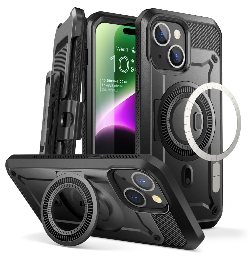 Supcase iPhone 15 UB Pro Mag Σκληρή Θήκη με Προστασία Οθόνης και Stand με Magsafe - Black