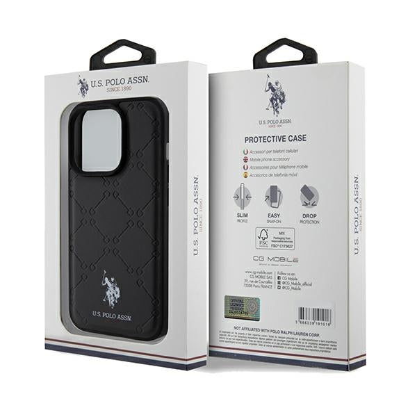 US Polo iPhone 15 Pro Max Yoke Pattern Θήκη με Επένδυση Συνθετικού Δέρματος - Black - USHCP15XPYOK