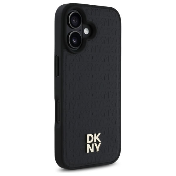 DKNY iPhone 16 - Repeat Pattern Stack Logo MagSafe - Σκληρή Θήκη με Επένδυση Συνθετικού Δέρματος - Black