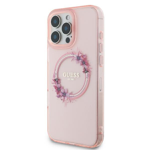 Guess iPhone 16 Pro - IML Flowers Wreath - MagSafe Σκληρή Θήκη με Πλαίσιο Σιλικόνης - Pink - GUHMP16LHFWFCP
