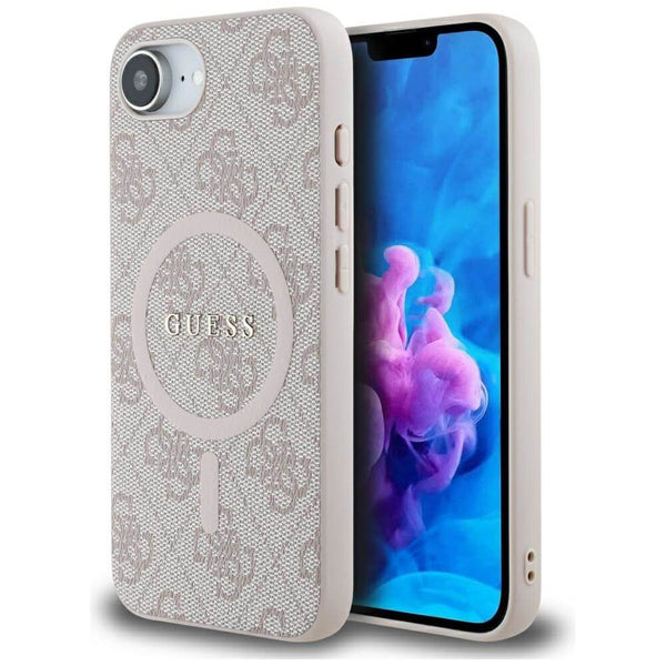 Guess iPhone 16e - 4G Ring Classic Logo - MagSafe Θήκη με Επένδυση Συνθετικού Δέρματος - Pink - GUHMPSE4G4GFRP