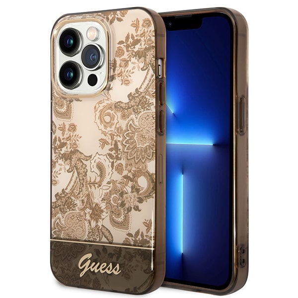 Guess iPhone 14 Pro Max Porcelain Collection Σκληρή Θήκη με Πλαίσιο Σιλικόνης - Ochre - GUHCP14XHGPLHC