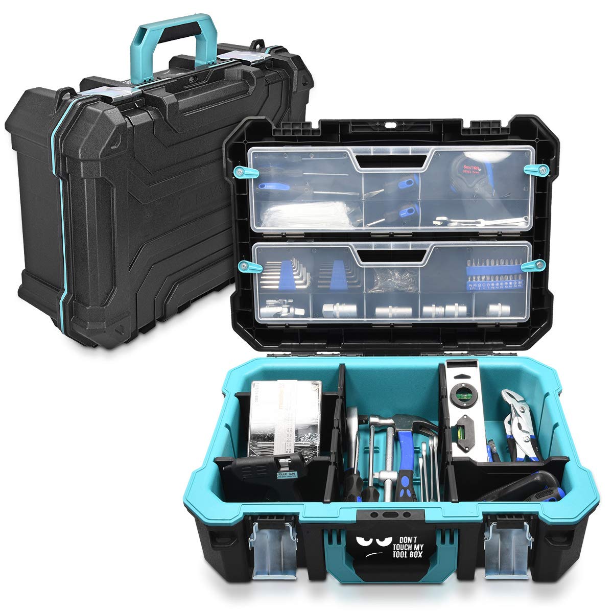 Navaris Technicians Tool Case Box - Εργαλειοθήκη Κουτί Design Don't Touch my Tool Box - Black / Light Blue - 46190.02