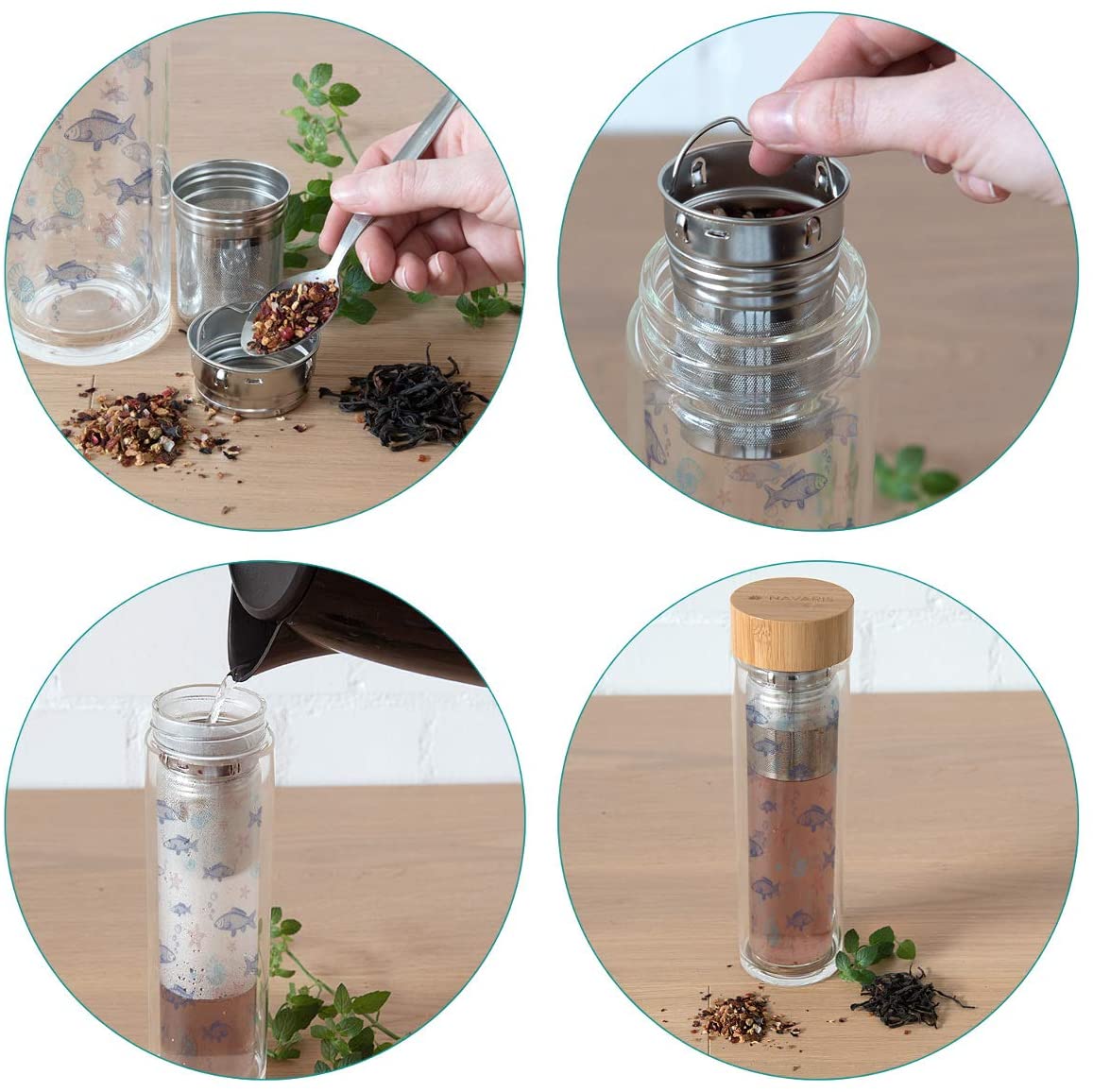 Navaris Γυάλινο Μπουκάλι Τσαγιού με Θήκη μεταφοράς - 500ml - Design Fish - Clear - 45888.2.06