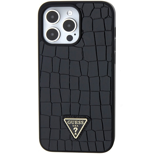 Guess iPhone 15 Pro Max Croco Triangle Metal Logo Θήκη με Επένδυση Συνθετικού Δέρματος και Πλαίσιο Σιλικόνης - Black - GUHCP15XPCRTHCK