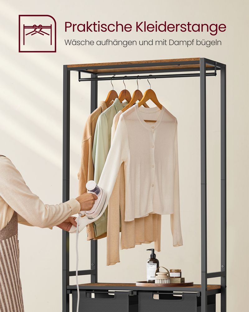 Vasagle Καλάθι Απλύτων 2 Διαμερισμάτων με 2 Ράφια και Ράγα Ρούχων - 73 x 33 x 177 cm - Vintage Brown / Classic Black - BLH231B02