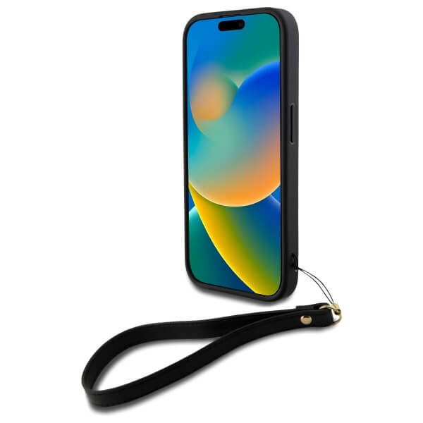 DKNY iPhone 16 - Wrist Strap Stock Logo - Σκληρή Θήκη με Επένδυση Συνθετικού Δέρματος με Λουράκι - Black