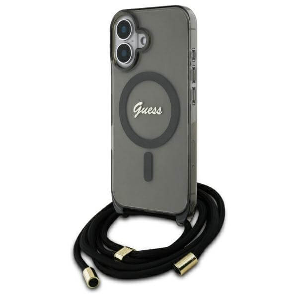 Guess iPhone 16 - Crossbody Cord Script MagSafe - Σκληρή Θήκη με Πλαίσιο Σιλικόνης και Λουράκι - Black - GUHMP16SHCTSGNSK