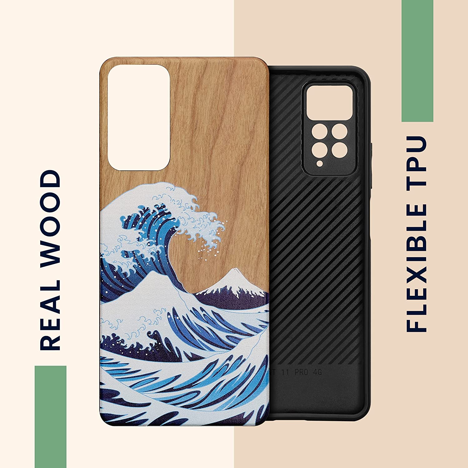 KW Xiaomi Redmi Note 11 Pro / Note 11 Pro 5G Θήκη από Φυσικό Ξύλο - Design Japanese Wave - Blue / White / Brown - 57381.04