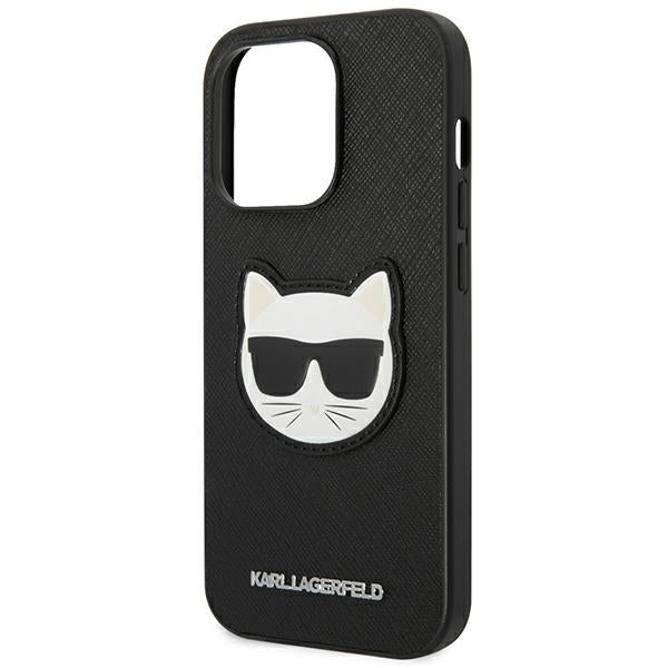 Karl Lagerfeld iPhone 14 Pro Max - Saffiano Choupette Head Patch Σκληρή Θήκη με Επένδυση Συνθετικού Δέρματος και Πλαίσιο Σιλικόνης - Black - KLHCP14XSAPCHK