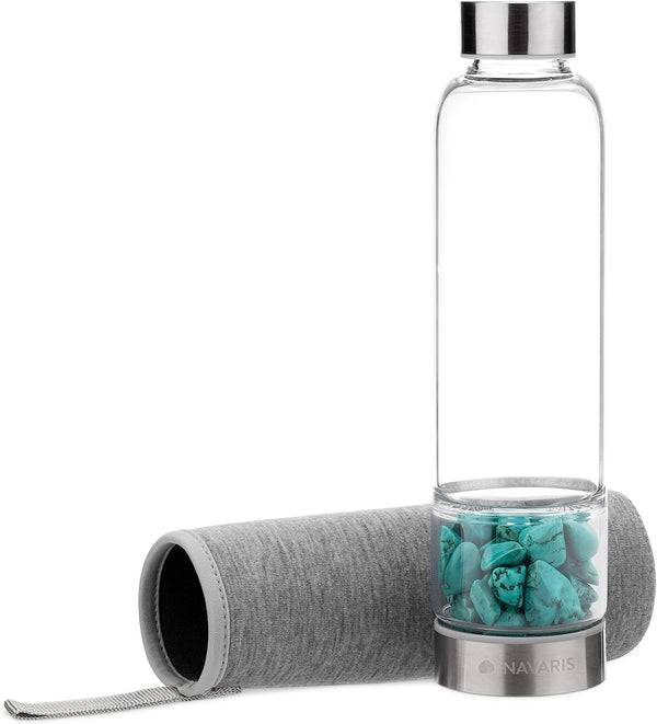 Navaris Γυάλινο Μπουκάλι Νερού με Τιρκουάζ Πέτρες και Θήκη - BPA FREE - 420ml - Turquoise Stone - 53150.04 - likebrands.gr
