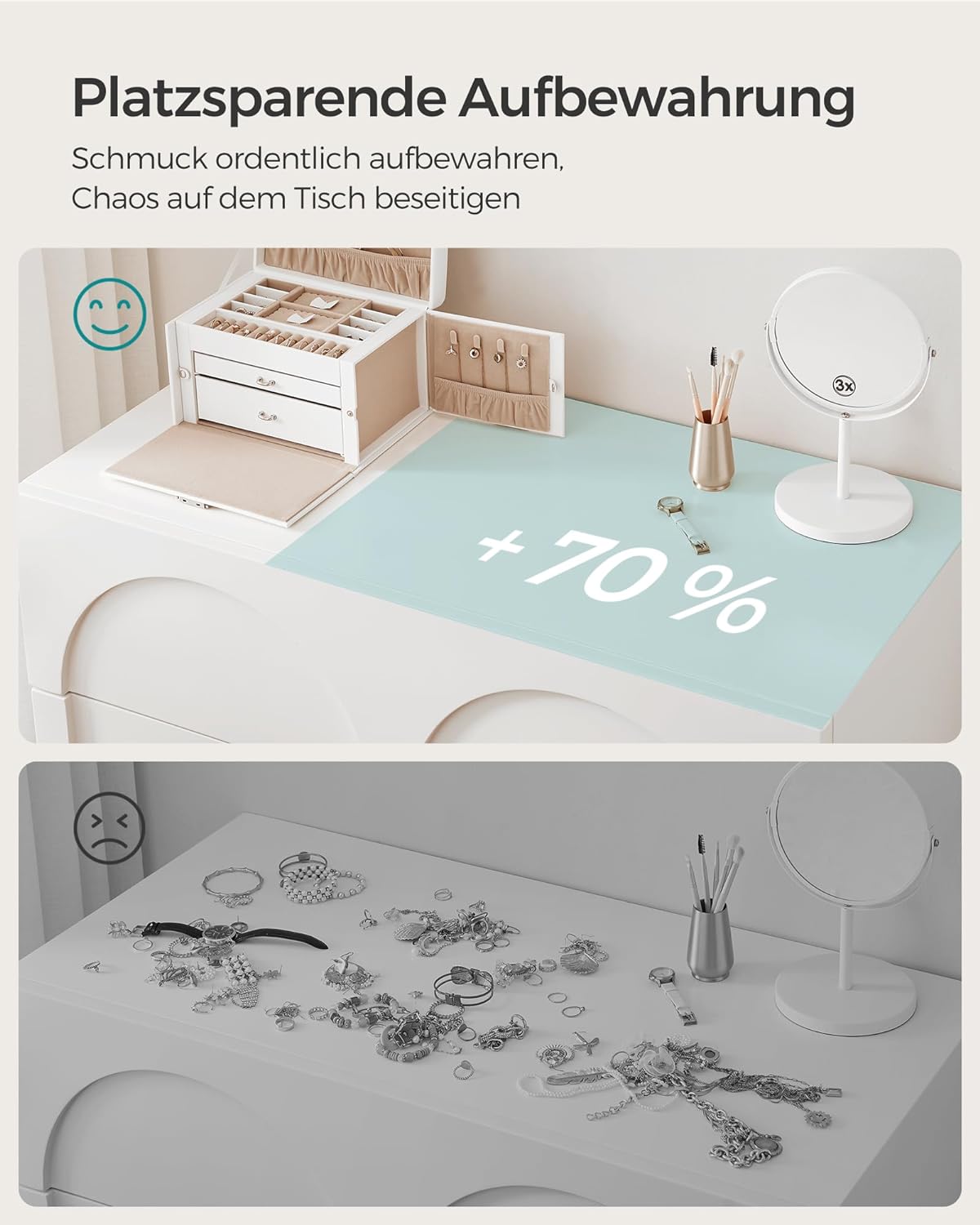 Songmics Φορητό Κουτί Αποθήκευσης Κοσμημάτων 3 Επιπέδων με Καθρέπτη και Κλειδαριά - White - JBC121W