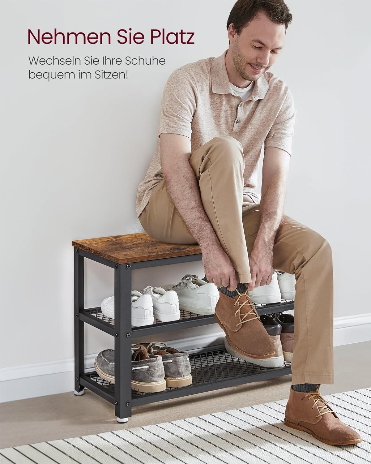 Vasagle Μεταλλική Παπουτσοθήκη με 2 Ράφια και Κάθισμα - 30 x 73 x 45 cm - Black / Brown - LBS73X