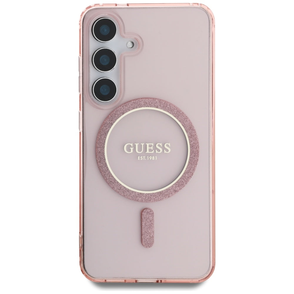 Guess Samsung Galaxy S25 - Glitter Circle Classic Logo - MagSafe Σκληρή Θήκη με Πλαίσιο Σιλικόνης - Pink - GUHMS25SHFGEREP