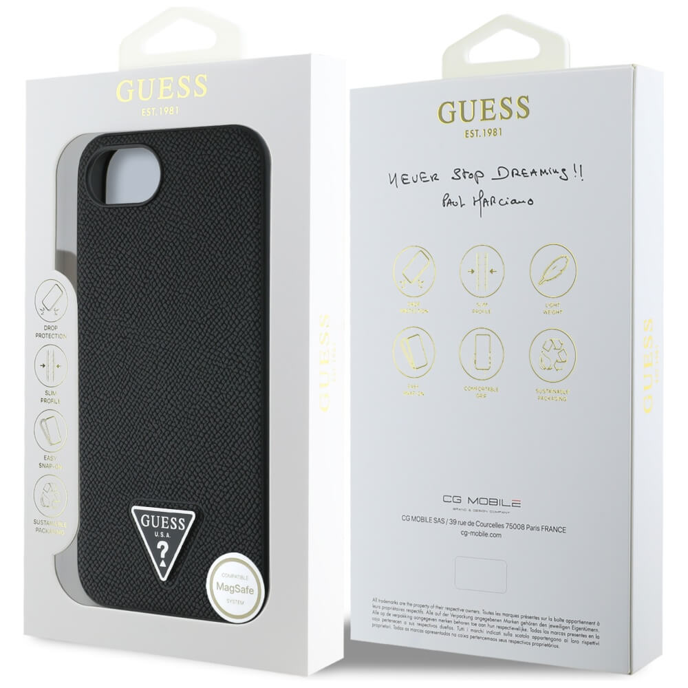 Guess iPhone 16e - Grained Triangle MagSafe - Σκληρή Θήκη με Επένδυση Συνθετικού Δέρματος και Πλαίσιο Σιλικόνης - Black - GUHMPSE4PGTSPSK