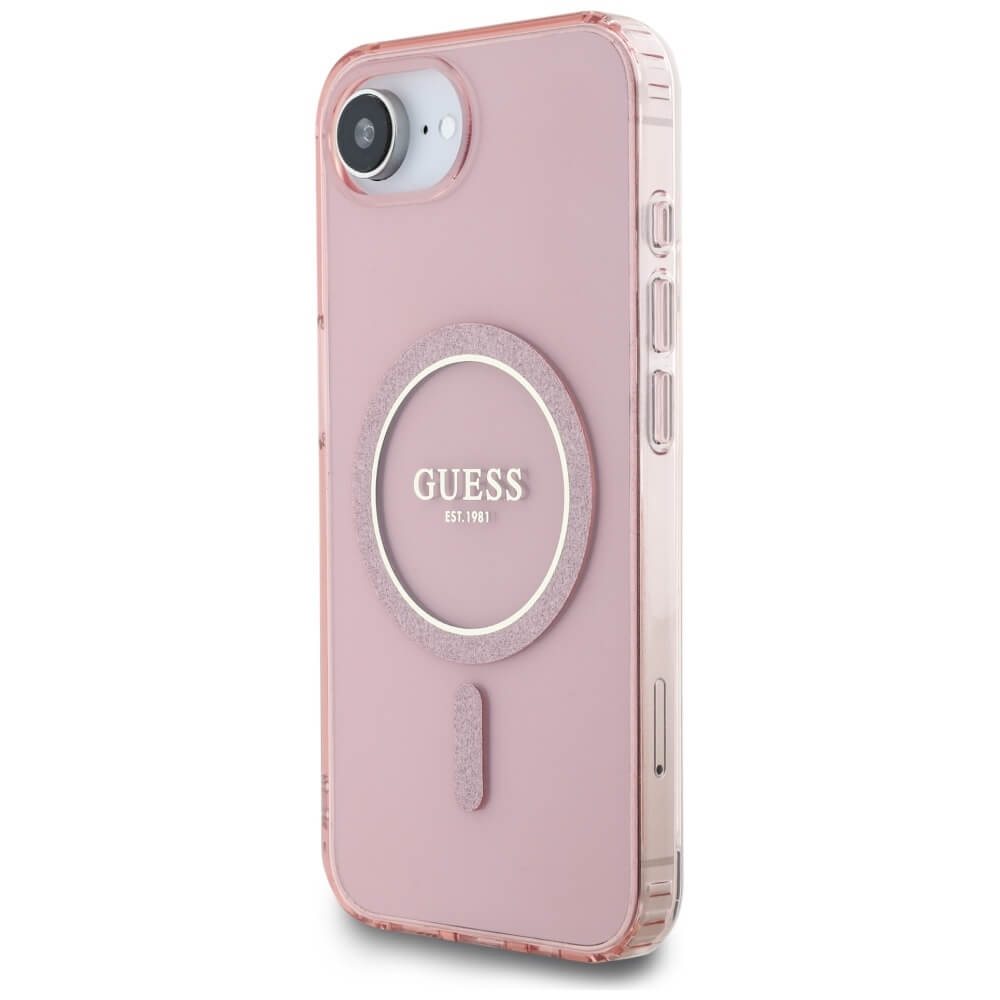 Guess iPhone 16e - IML Glitter Circle MagSafe - Σκληρή Θήκη με Πλαίσιο Σιλικόνης - Pink - GUHMPSE4HFGEREP